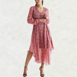Express Ditsy Floral Button Front Belted Midi Dress Handkerchief Hem Pink White